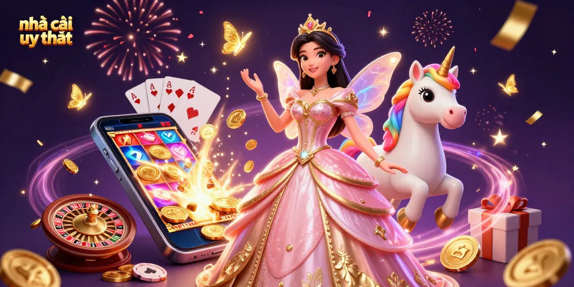 Experience the magic of nhà cái uy tín with a vibrant 3D illustration showcasing a glamorous character amid dynamic casino elements.
