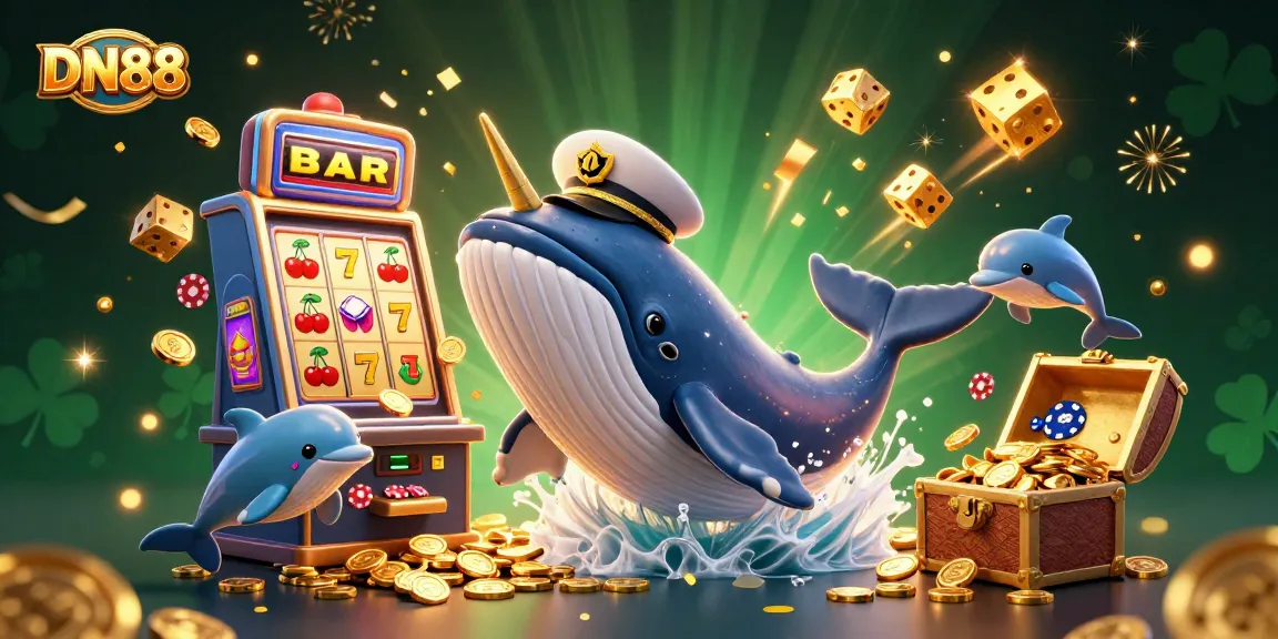 Experience the excitement at DN88 with a dynamic 3D cartoon scene featuring a whale, narwhal, and dolphins amidst a casino-themed celebration.