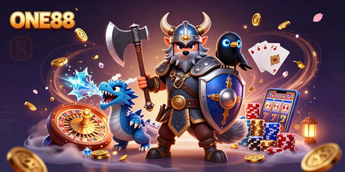 Engage with the thrilling world of ONE88, featuring a Viking wolf warrior and dragon amidst cascading coins and vibrant casino elements.