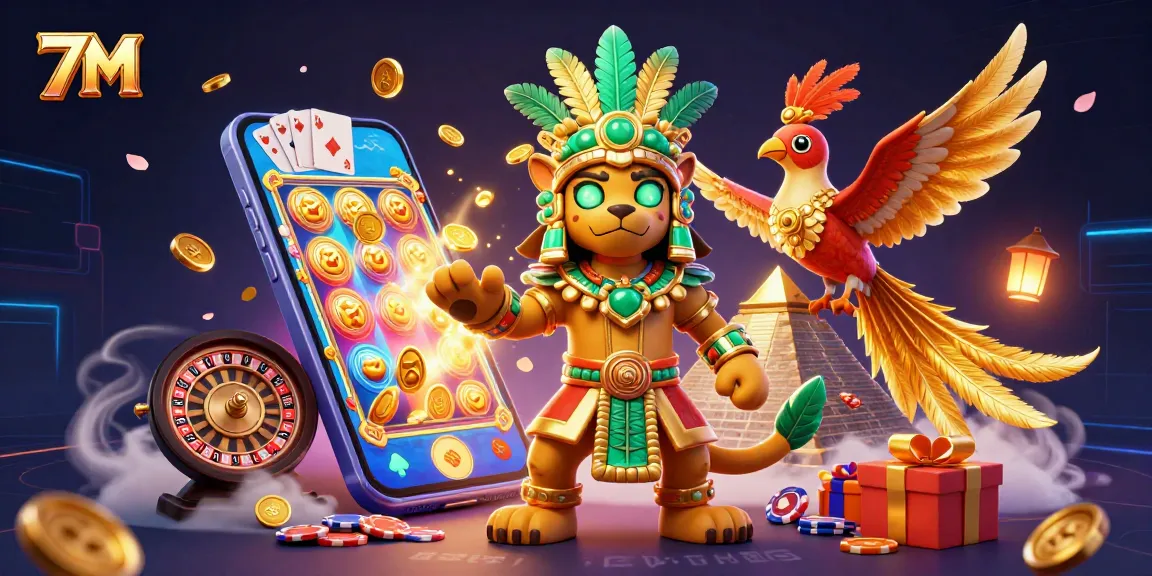 Experience 7M's exciting digital gaming world with stunning visuals of slot machines and vibrant characters.