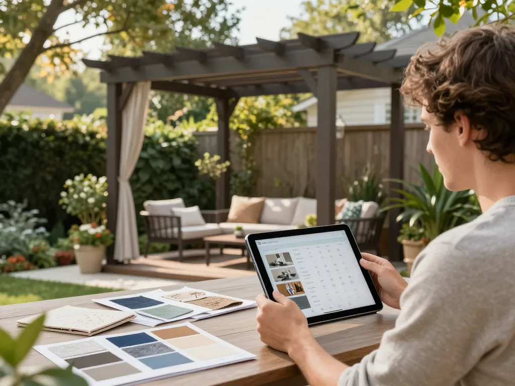 Configuratore pergole con preventivo in azione mentre un proprietario di casa progetta una pergola personalizzata in un bellissimo giardino utilizzando strumenti digitali.