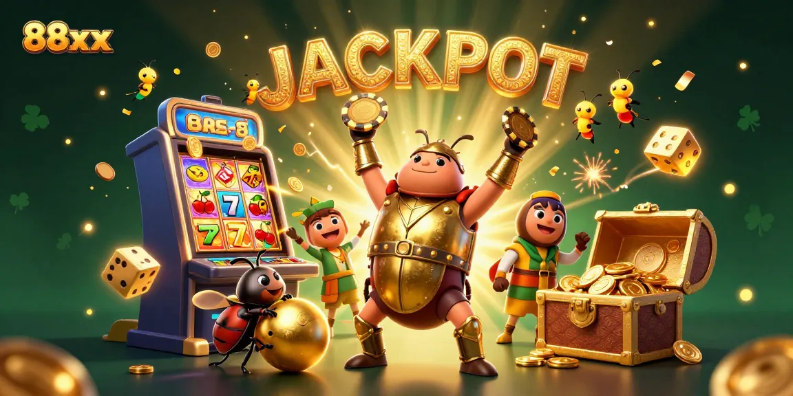 Experience thrilling play with 88xx as a beetle hero celebrates jackpot wins in a vibrant casino scene.
