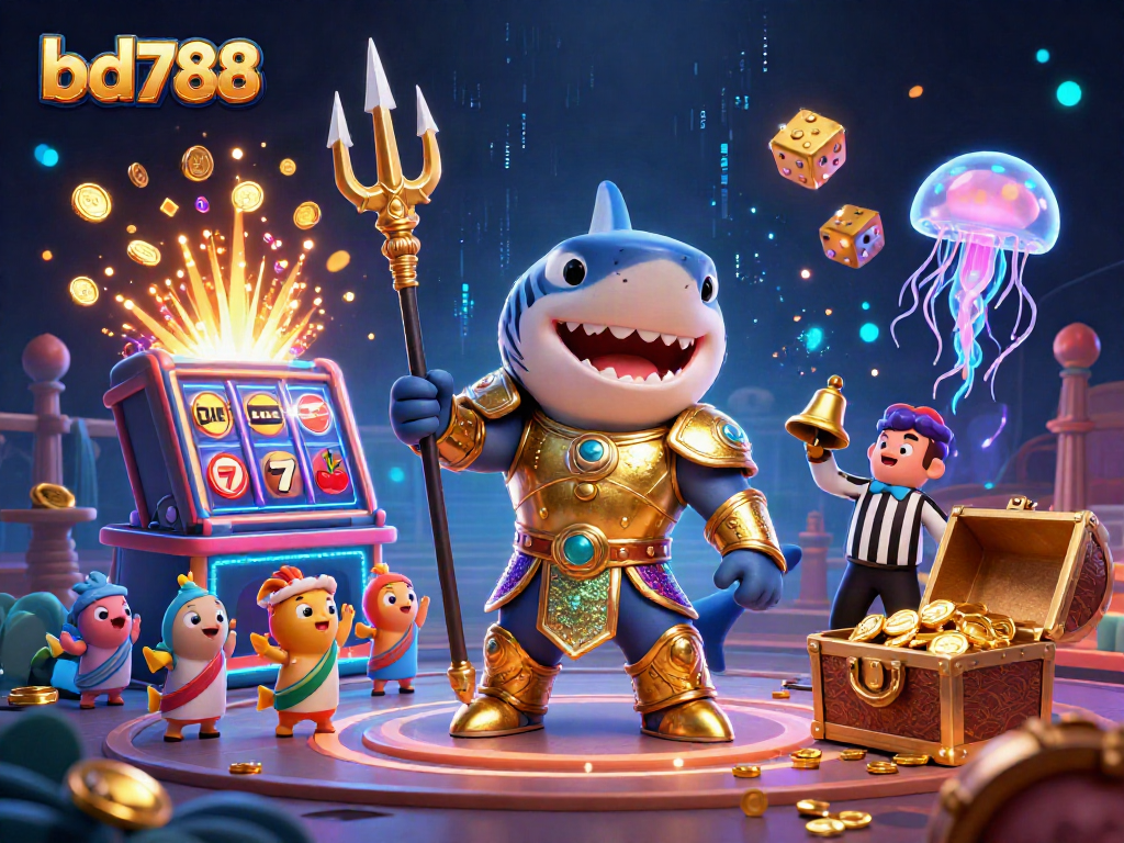 Engage with bd788's dynamic casino experience illustrated by a shark in gladiator armor.