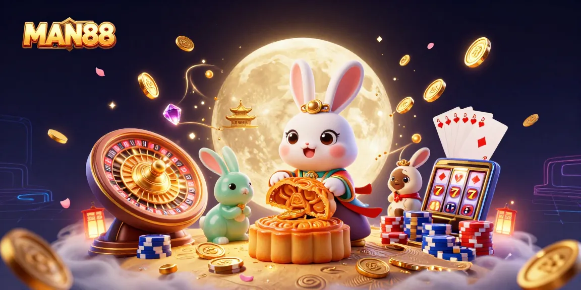 Experience the thrill of gaming with MAN88 featuring a 3D moon rabbit and vibrant casino elements.
