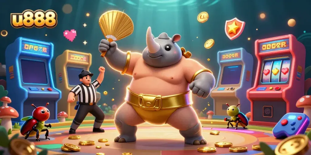 Experience the thrilling world of u888 casino with a dynamic scene featuring a rhinoceros beetle sumo champion.