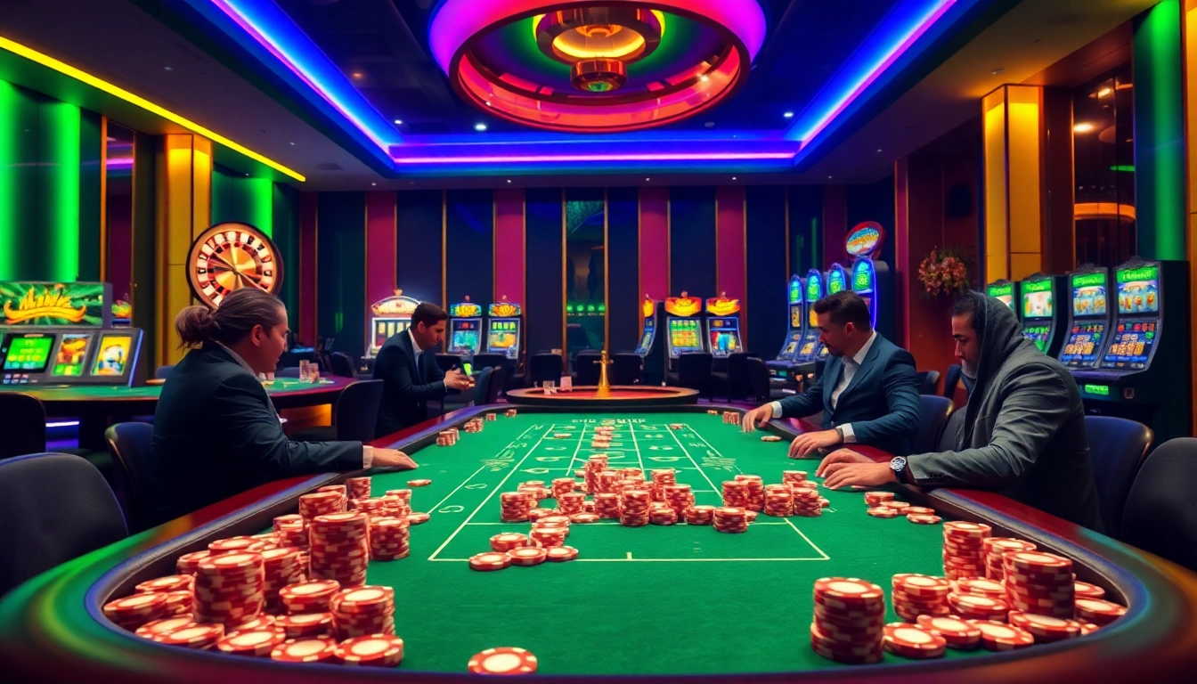 Experience the thrill of gambling at https://hitclub.im/ with an exciting casino scene featuring poker, roulette, and vibrant chips.