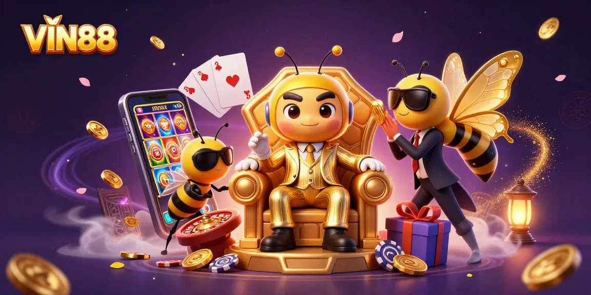 Engage in thrilling gameplay with VIN88, featuring a 3D bumblebee mob boss in a vibrant casino scene.