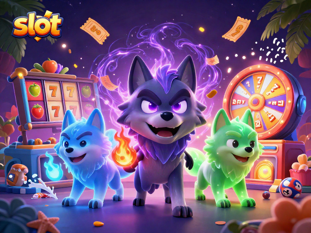 Experience the thrill of slot games with vibrant elements from a 3D casino scene.