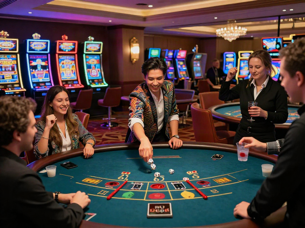 Exciting casino scene featuring players at rokok88 gaming tables, celebrating wins amidst vibrant lights.