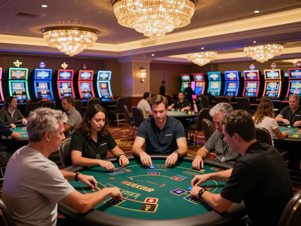 O8 players strategizing at blackjack table in a luxurious casino atmosphere, showcasing excitement and engagement.