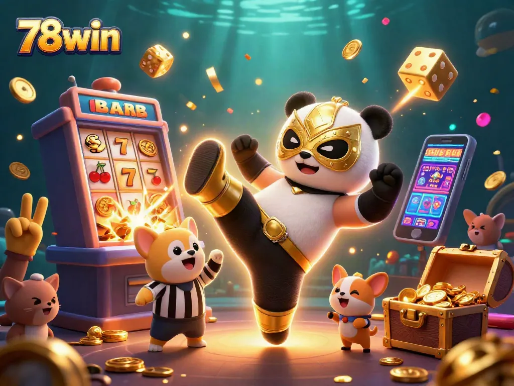 Experience the thrill of 78win with a vibrant scene of a panda wrestler, jackpot slots, and cheering animal fans.