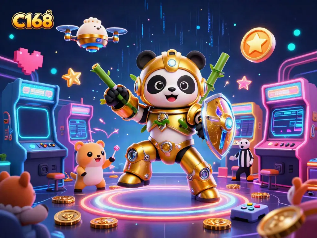 C168 offers thrilling casino experiences with a mech-suit panda in a dynamic gaming arena.