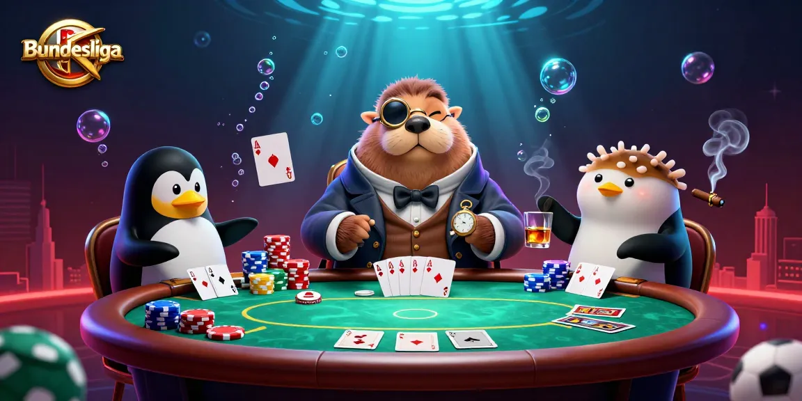 Engaging Bundesliga sports betting scene with a walrus, penguin, and pufferfish at a poker table.