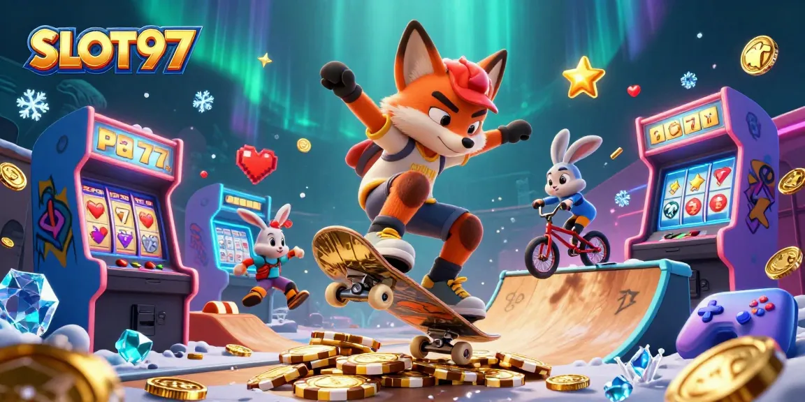 SLOT97 showcases an energetic scene with a skateboarder fox and a BMX rabbit performing tricks over golden poker chips amidst vibrant casino symbols.
