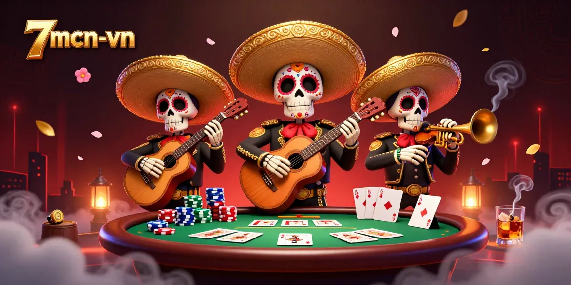 Engage in poker with 7mcn-vn's vibrant 3D illustration of a mariachi band and dynamic casino elements.