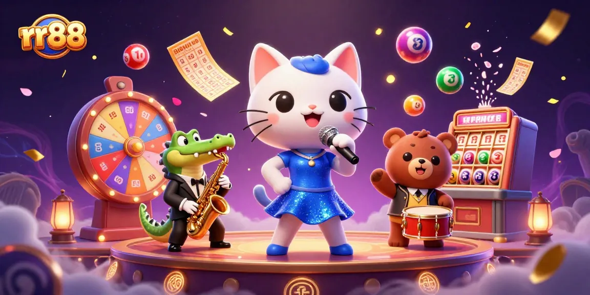 Enjoy incredible games at rr88 with a vibrant casino party scene featuring a jazzy cat, crocodile, and bear cub performing.