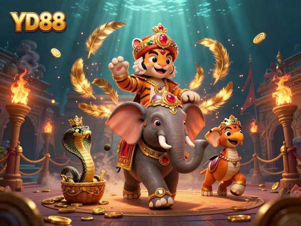 Experience the excitement of YD88 with our vibrant casino adventure featuring a jewel-encrusted elephant and ornate tiger.