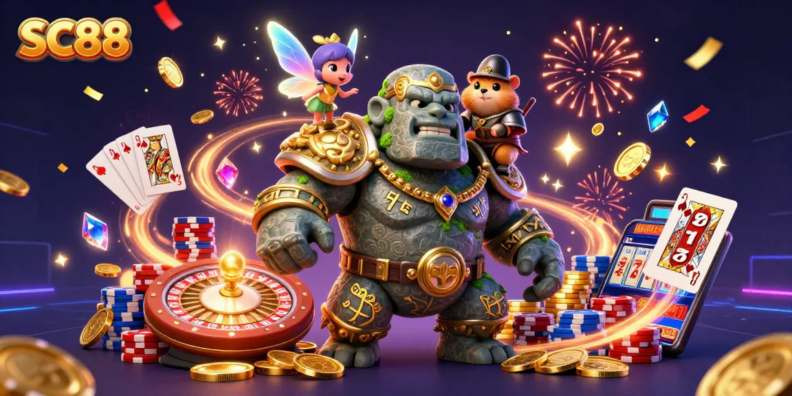 Engage with SC88, featuring a golem guardian, a fairy, and a hamster knight celebrating amid casino symbols and magic.