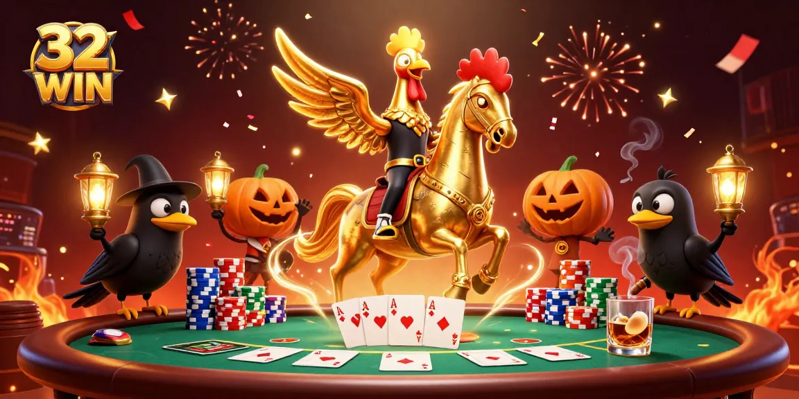 Experience the thrilling world of 32WIN with a golden rooster and friends in a vibrant casino scene.