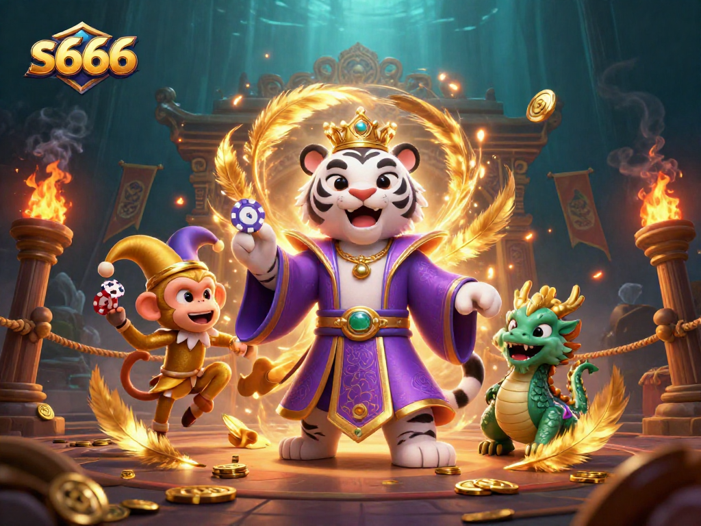 Experience exhilarating betting at s666 with a vivid scene of a tiger, monkey, and dragon in an exciting casino atmosphere.