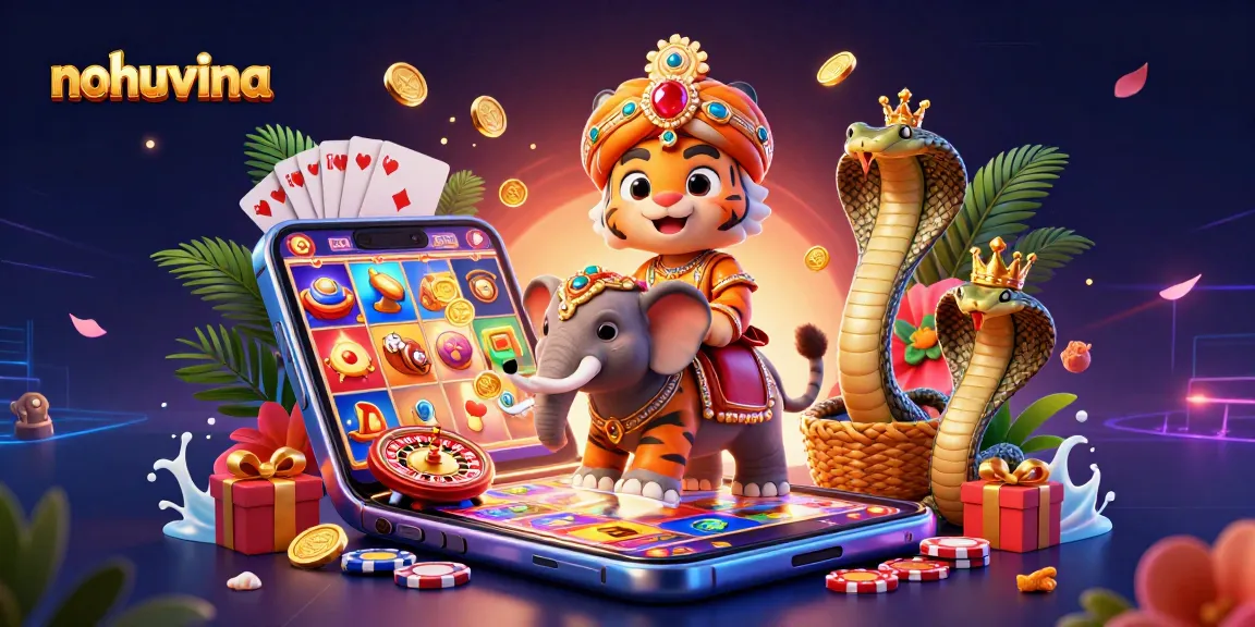 Nohuvina theme showcases a vibrant 3D casino scene with an elephant and maharaja tiger amidst a colorful slot game