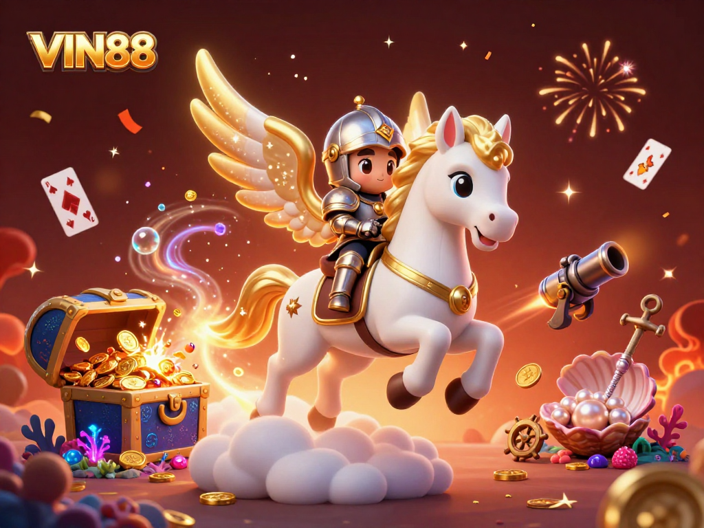 Experience the thrill of VIN88 with a 3D illustration featuring a celestial horse and treasures.