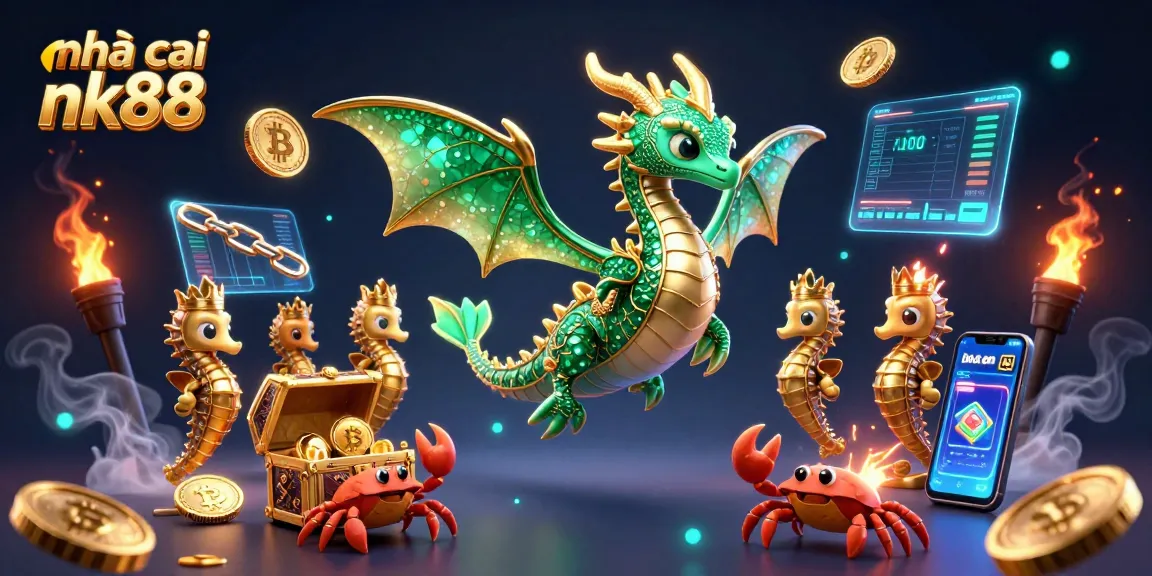 Experience the excitement of nhà cái nk88 with a vibrant 3D cartoon scene featuring colorful elements of online gaming.
