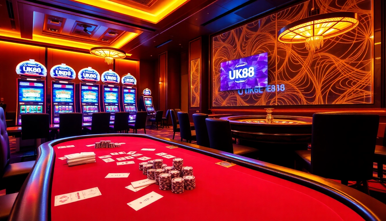 UK88's vibrant casino experience showcasing players engaging in poker and slots.