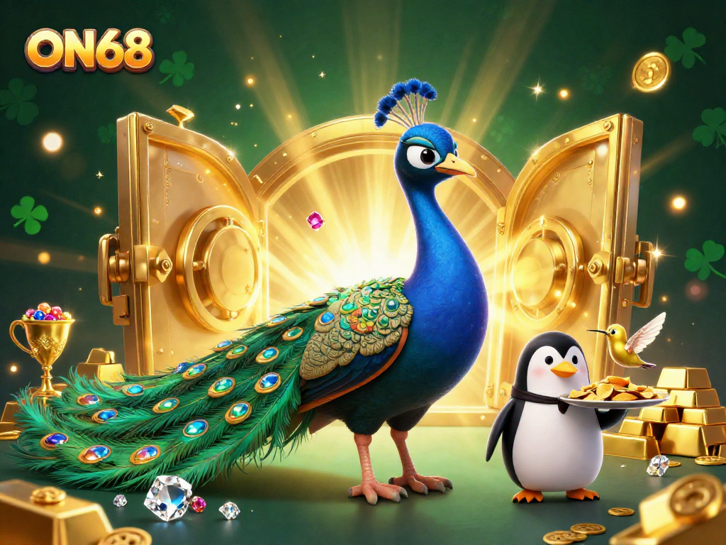 Experience thrilling gameplay at ON68 with an opulent scene featuring animated characters and sparkling treasures.