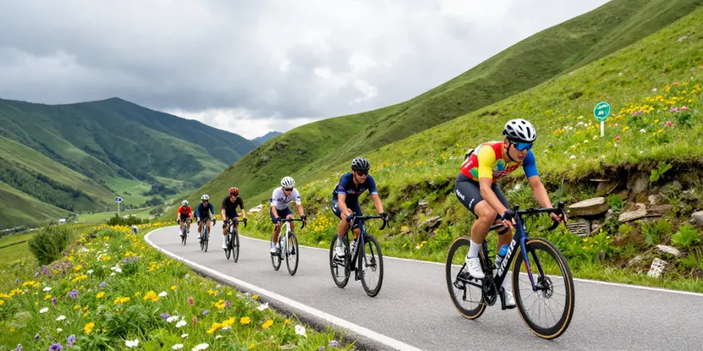 Ciclismo in azione su una strada montana, ciclisti competitivi che pedalano con passione.