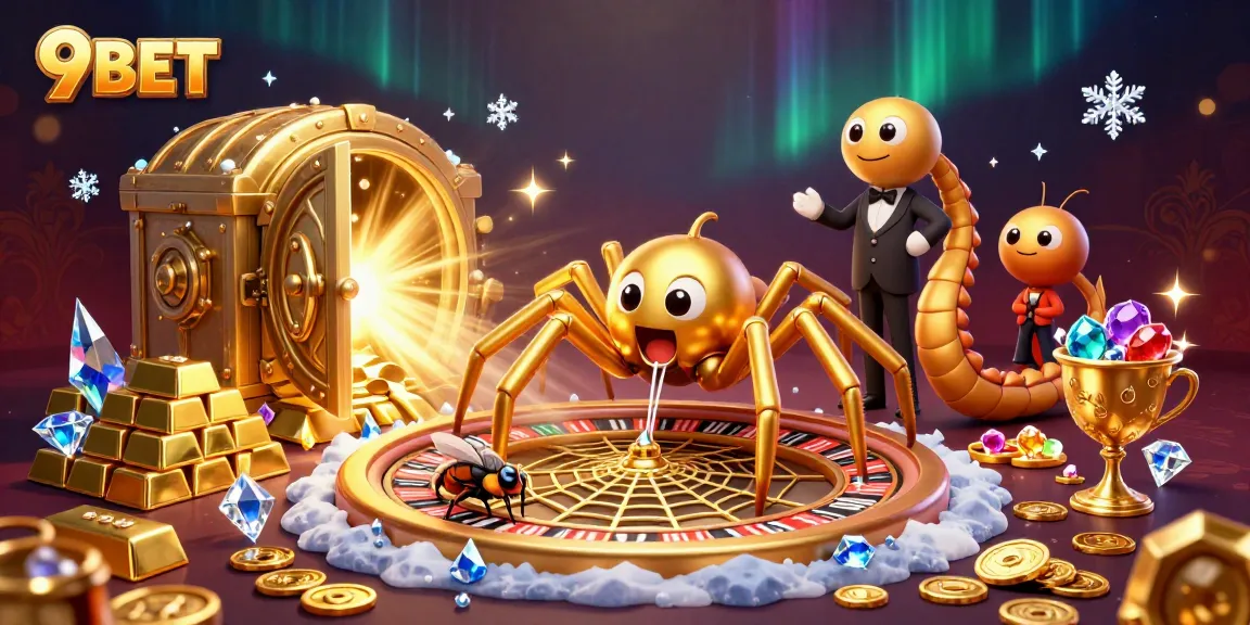 Engage in thrilling bets with 9BET as a golden spider spins a roulette wheel web in this dynamic illustration.