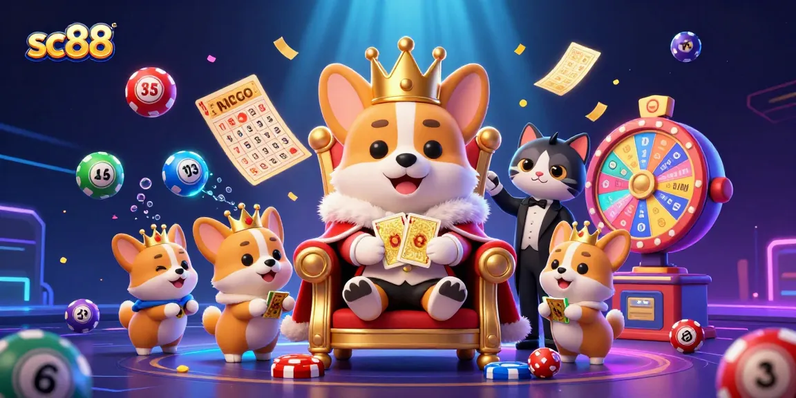 Experience exciting gameplay at sc88 with a royal corgi enjoying casino games amid colorful action.