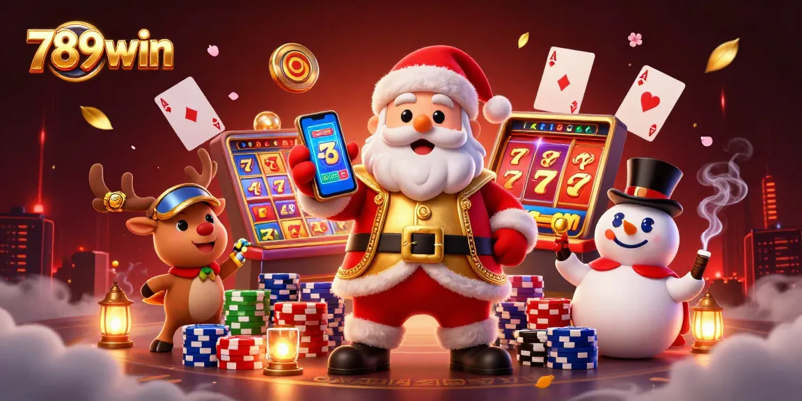 Experience the excitement of 789win with Santa, a reindeer dealer, and a poker chip snowman.