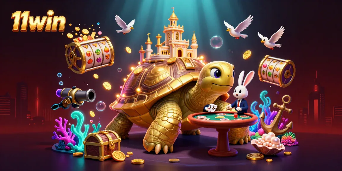 Experience thrilling gameplay with 11win's vibrant casino scene featuring a golden tortoise and rabbit dealer.