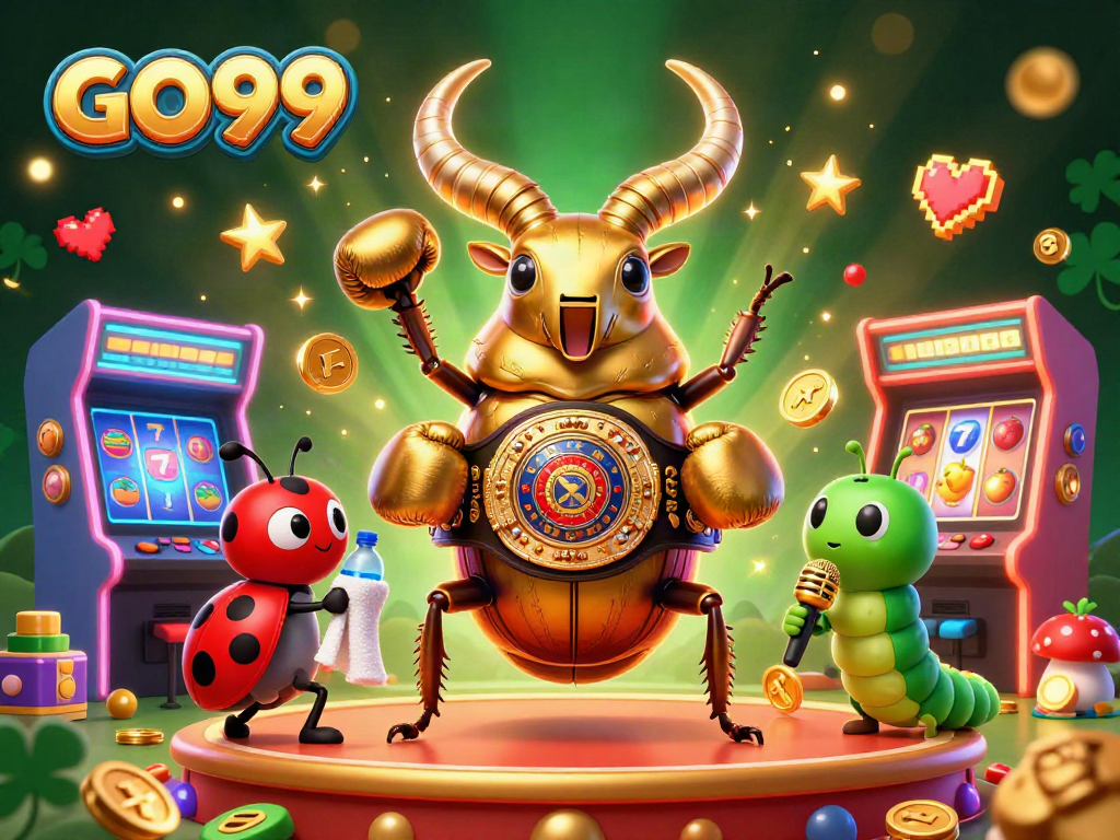 Experience excitement with GO99 as a giant stag beetle battles in a vibrant casino scene.