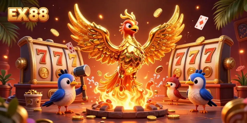 Experience thrilling gameplay with EX 88 in this vibrant 3D casino illustration featuring a golden phoenix.