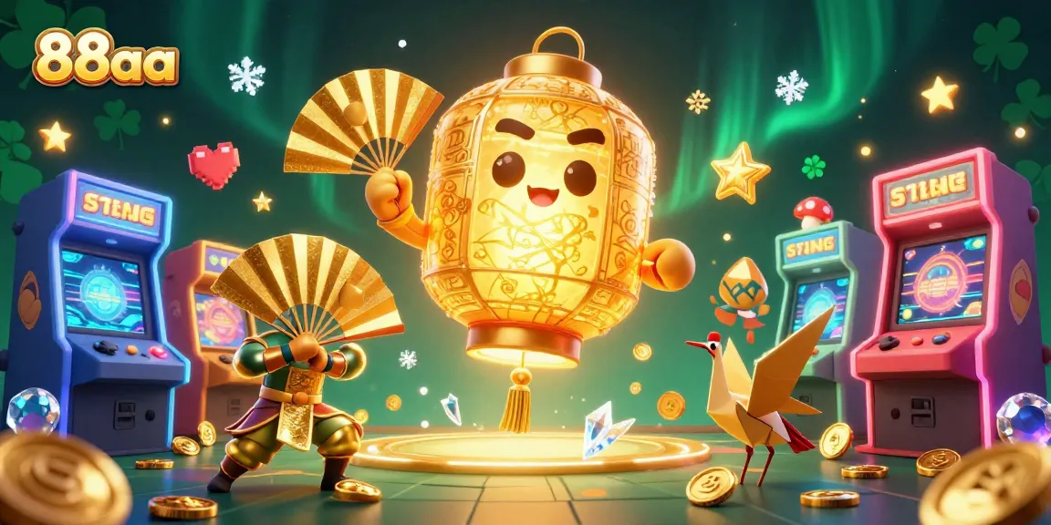 Engage with 88aa at this vibrant night market casino showcasing a 3D golden lantern spirit with gaming elements.