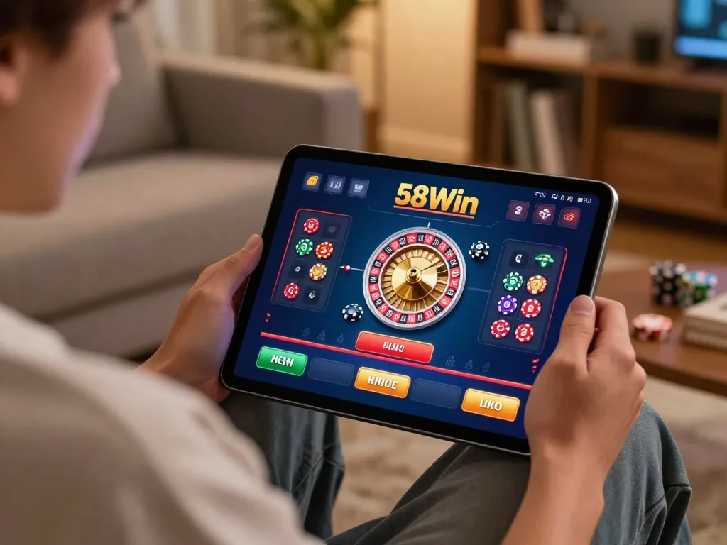 Player placing strategic bets on 58Win casino app while enjoying a cozy home atmosphere