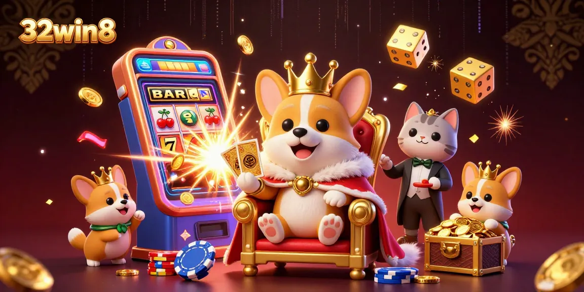 Experience the thrill of winning at 32win8 with a royal corgi and cat butler in a vibrant casino scene.