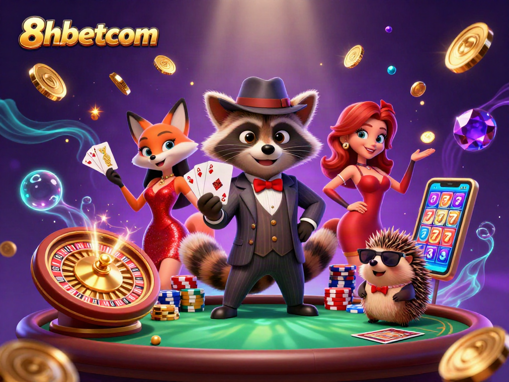 Engaging 3D scene of raccoon, fox, and hedgehog celebrating big wins at 8xbetcom casino with poker elements.