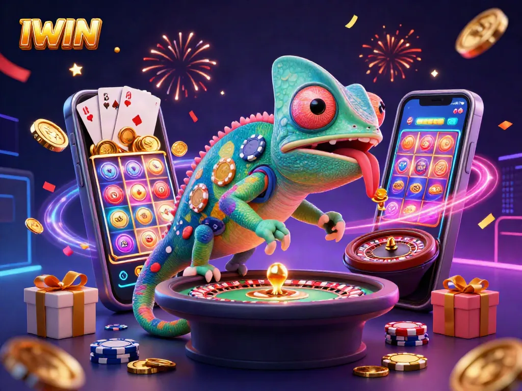 Betting strategies come alive with IWIN as a vibrant chameleon casino owner grabs golden coins.