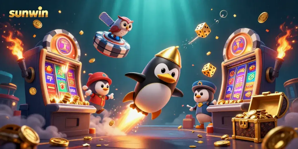 Experience the ultimate thrill at Sunwin with a dynamic 3D casino scene featuring a golden penguin and treasure.