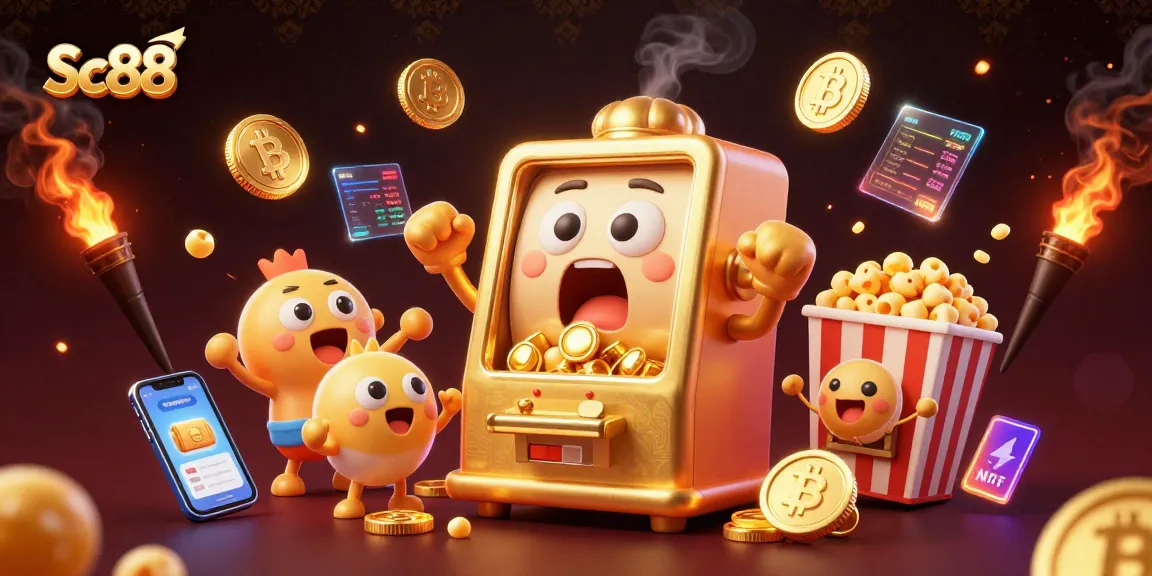 Sc88 slot machine surprises players with jackpots, surrounded by vibrant cryptocurrency elements and excitement.