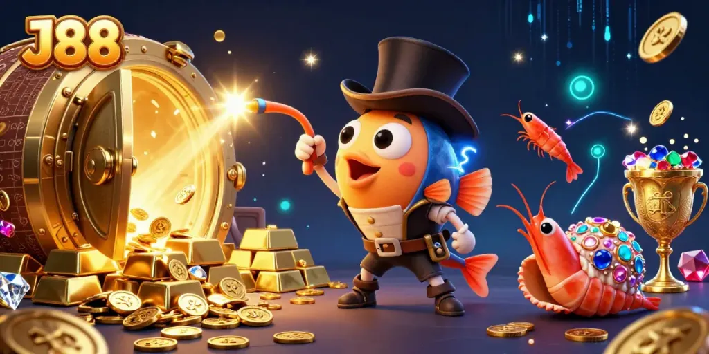 Attracting golden coins with J88-themed sea creatures in an engaging casino scene.