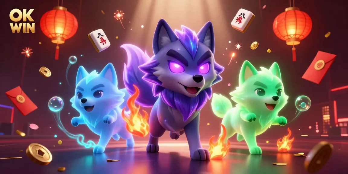 Engage in thrilling gaming at OK WIN, surrounded by vibrant casino elements and ghostly wolf companions.