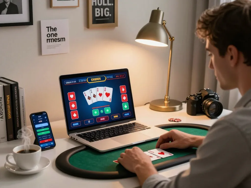 Engaged in a go88 online poker game with vibrant cards displayed on the laptop