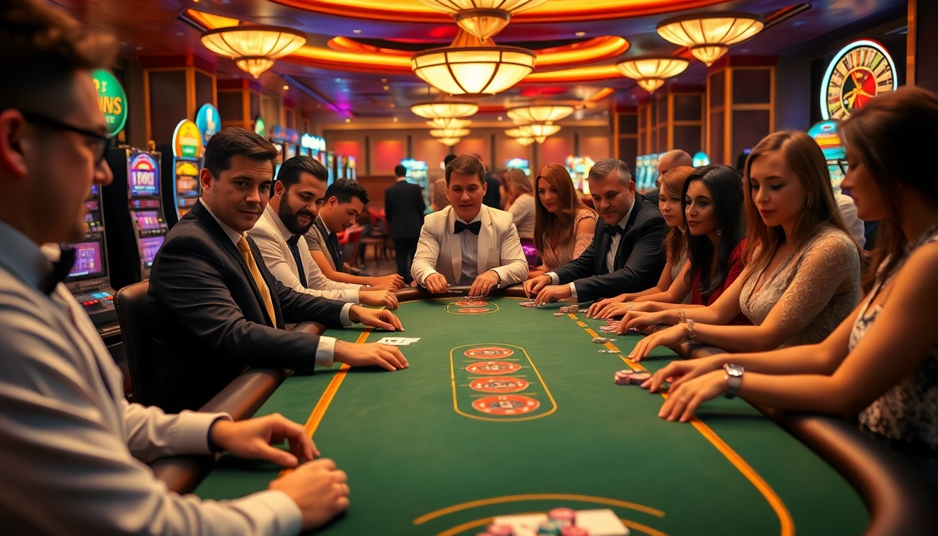 Players enjoying a thrilling game at the F168 casino table surrounded by vibrant lights.