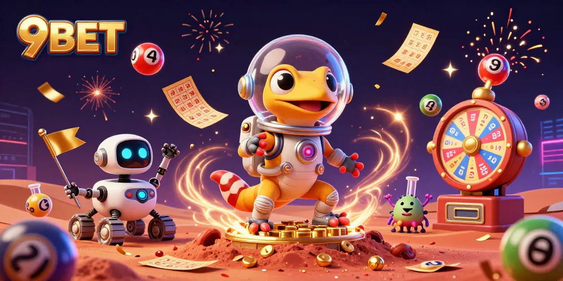 Experience the excitement of 9BET Casino with a Martian gecko discovering a gold casino.