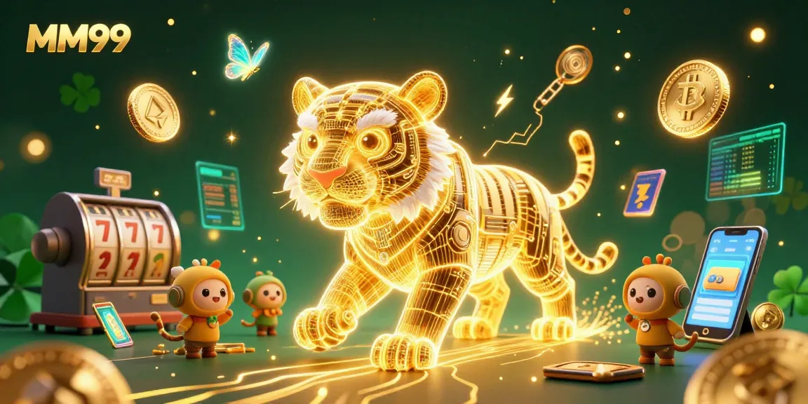 Engage with MM99's thrilling online gaming experience featuring a golden tiger in a digital casino landscape.