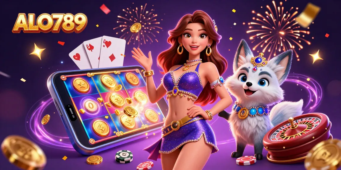 Engaging and vibrant ALO789 casino illustration showcasing thrilling slot game elements and joyful characters.